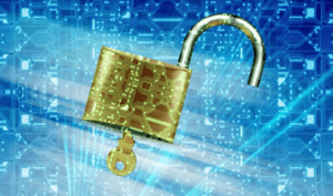 a golden lock and key float among a digitized circuit board looking background