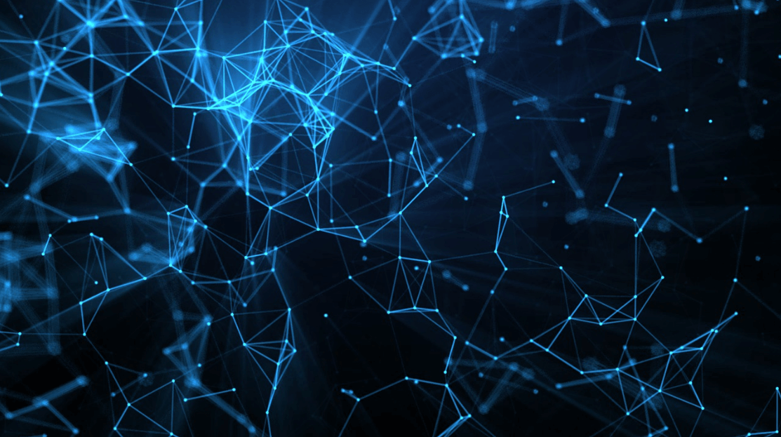 Artistic depiction of a network of tiny blue dots connected with blue lines on a black background. Image used to represent relationship connecting W3C ISO and Advocacy Groups as a network.