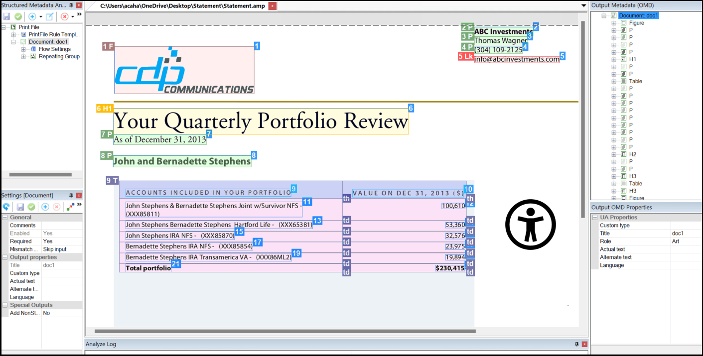 Screenshot of the ADEPT UA graphical user interface with a quarterly portfolio document sample