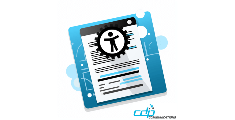 In the style of icons, a document symbol with lines of text is in the background. In the foreground is the universal accessibility symbol is displayed inside of gear to represent automation for accessible documents. The CDP logo is also displayed.