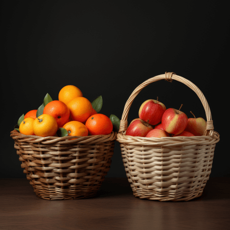 Basket of Oranges and Basket of Apples side by side on a wooden table top.  This is symbolic of Document QC Comparison at Scale from the expression comparing apples to oranges.