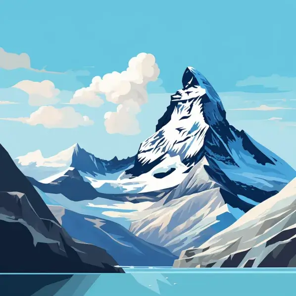 Matterhorn snow-topped mountain peak with blue sky and fluffy white clouds in cartoon style