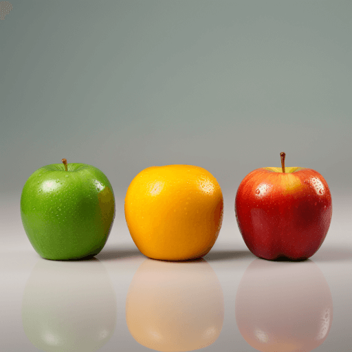 photo real image of green apple, orange orange and red apple on a white background