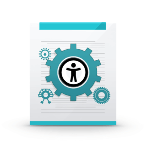 Icon-style image featuring a sheet of paper overlayed with gears and the Universal Accessibility logo to represent document automation for accessibility.