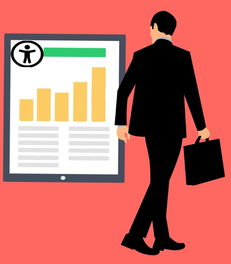 Illustration of person in business attire walking by at a chart about a strong business case for accessibility