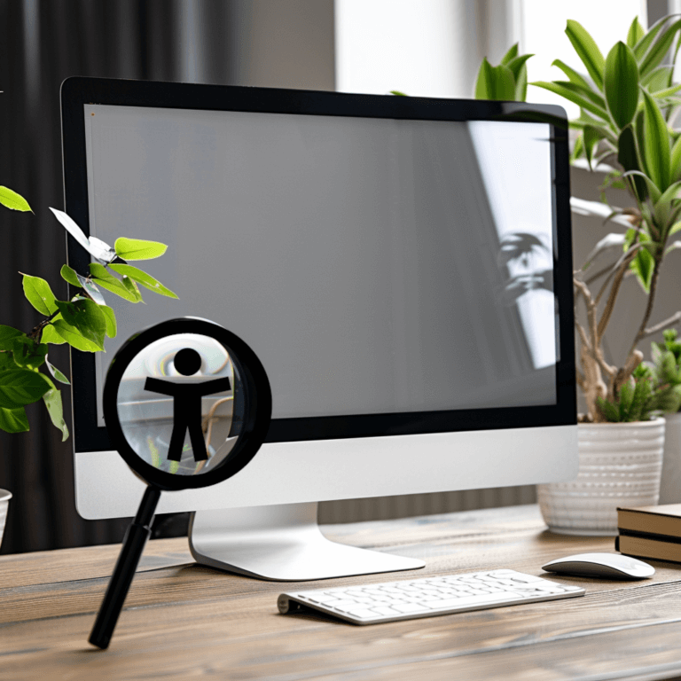 A computur sits on a desk, accompanied by a magnifying glass, which features an accessibility icon. Houseplants and a window bringing in daylight appear in the background