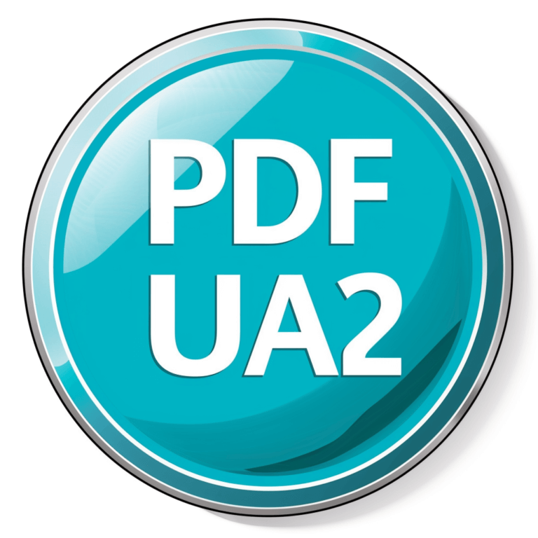 PDF UA 2 in bold white text on a turquoise circle that looks like a button