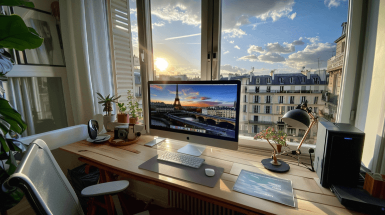 Desk with computer screen featuring Paris and Eiffel tower with European scene outside window to bring attention to the European Accessibility Laws and Standards