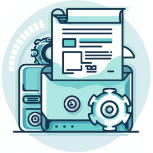 icon style image that shows automation for digital documents in the colours medium blue , turquoise, grey, and white
