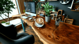 Office with wooden desk with a fancy European latte coffee with the Universal Accessibility symbol in the milk foam. Representing: European Accessibility Laws and Standards