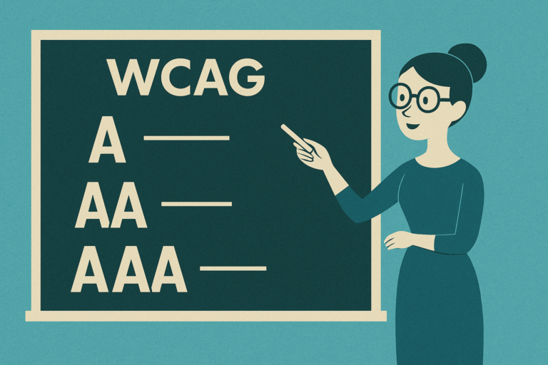 Woman pointing to a chalkboard labeled WCAG with the three accessibility levels: A, AA, and AAA.